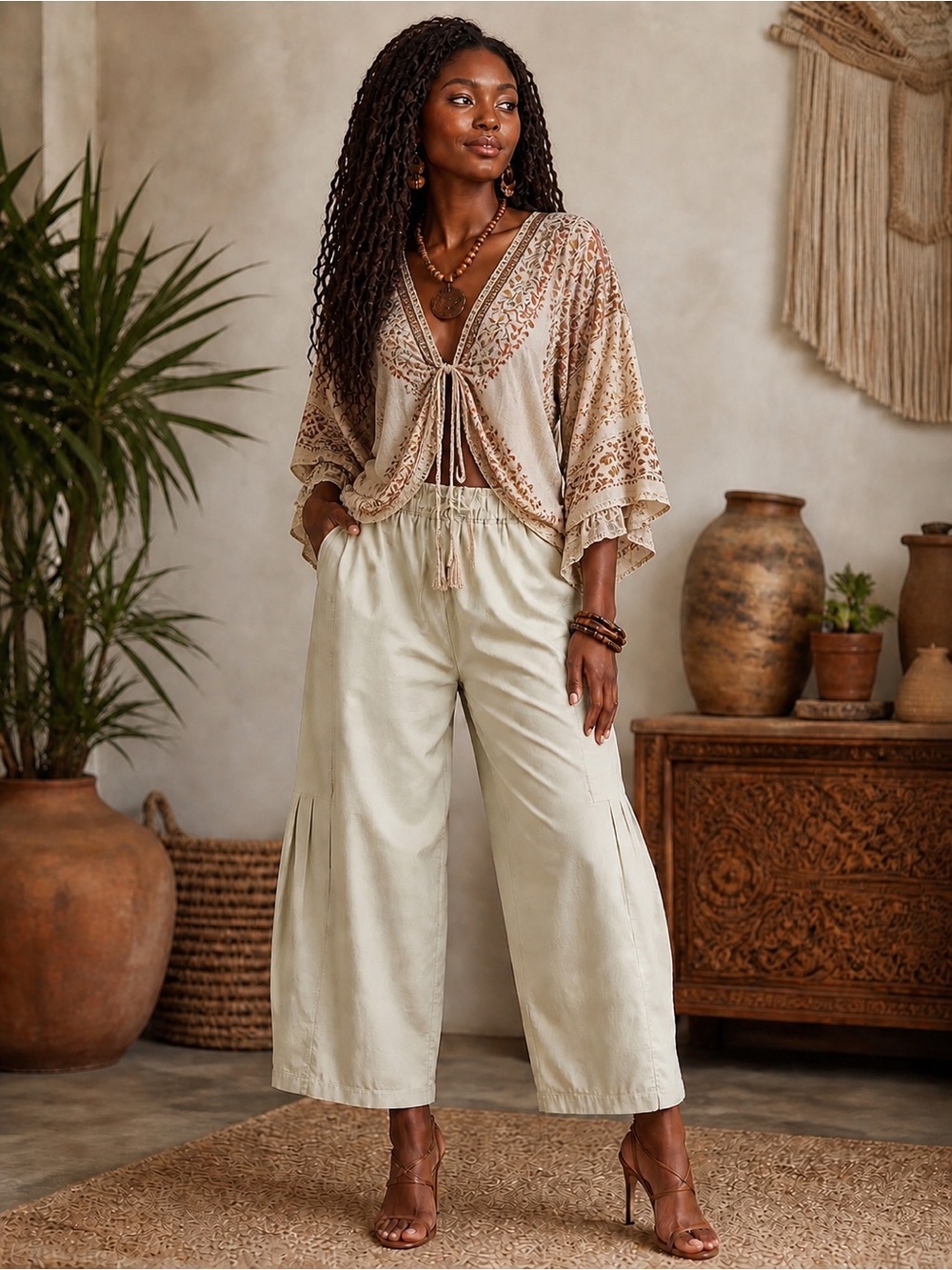 LN Unbranded Wide-Leg Elastic Drawstring Waist khaki Pants/waist
